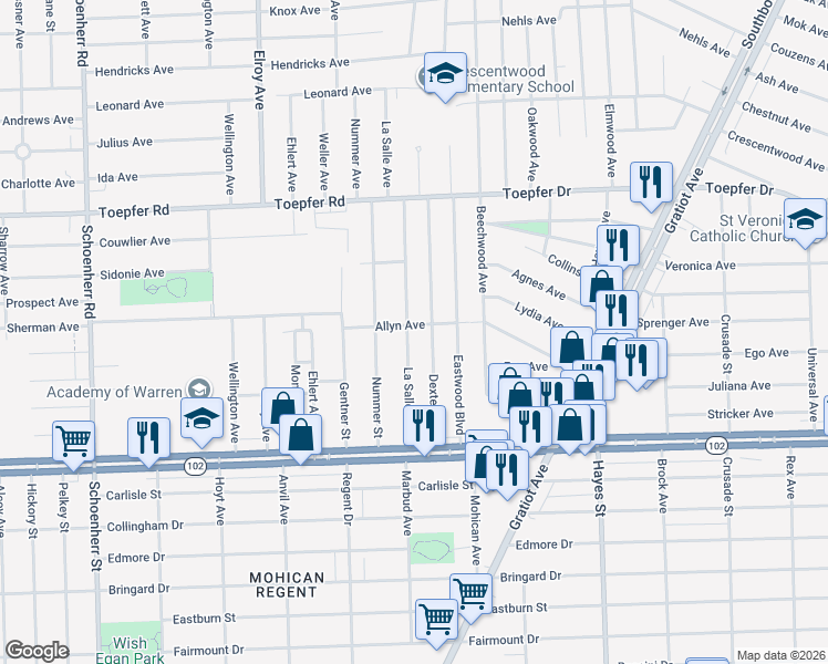 map of restaurants, bars, coffee shops, grocery stores, and more near 21081 La Salle Boulevard in Warren