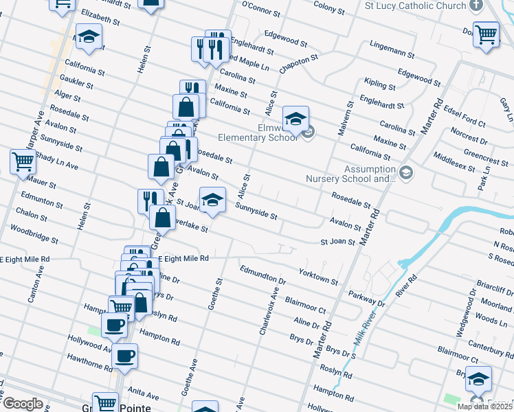 map of restaurants, bars, coffee shops, grocery stores, and more near 22701 Sunnyside Street in St. Clair Shores