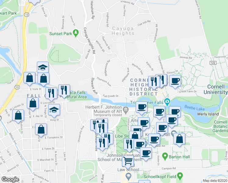 map of restaurants, bars, coffee shops, grocery stores, and more near 109 Barton Place in Ithaca
