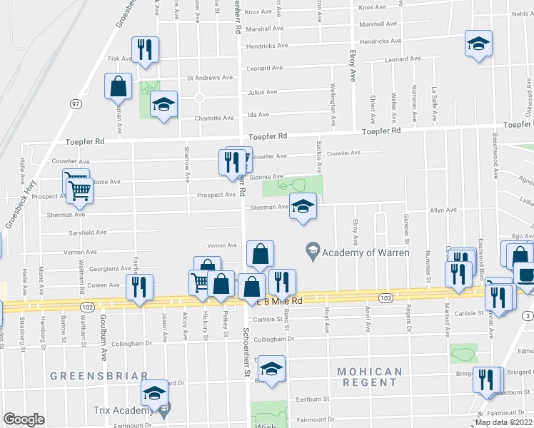 map of restaurants, bars, coffee shops, grocery stores, and more near 13670 Sherman Avenue in Warren