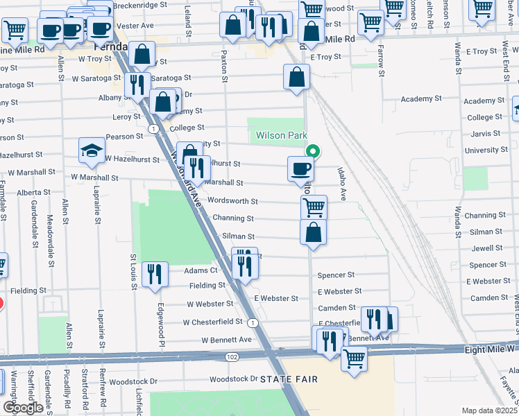 map of restaurants, bars, coffee shops, grocery stores, and more near 310 Wordsworth Street in Ferndale