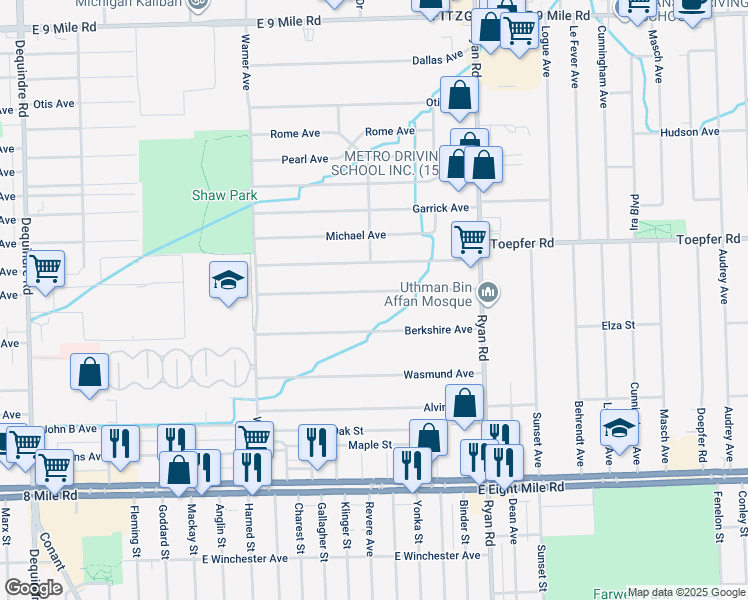 map of restaurants, bars, coffee shops, grocery stores, and more near 3578 Poplar Avenue in Warren