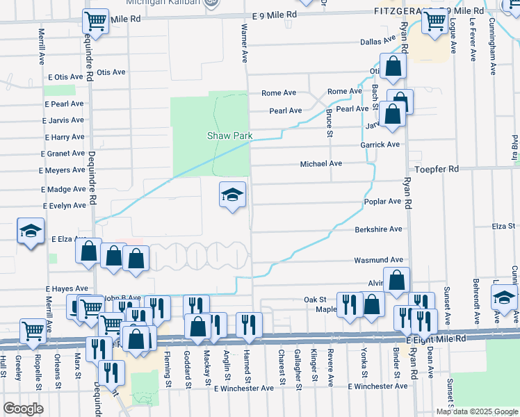 map of restaurants, bars, coffee shops, grocery stores, and more near 3148 Poplar Avenue in Warren