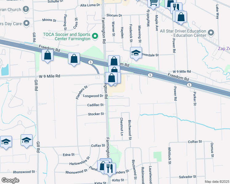 map of restaurants, bars, coffee shops, grocery stores, and more near 21900 Farmington Road in Farmington