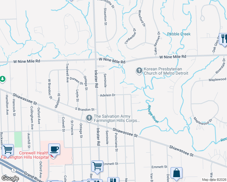 map of restaurants, bars, coffee shops, grocery stores, and more near 22010 Poinciana Street in Southfield