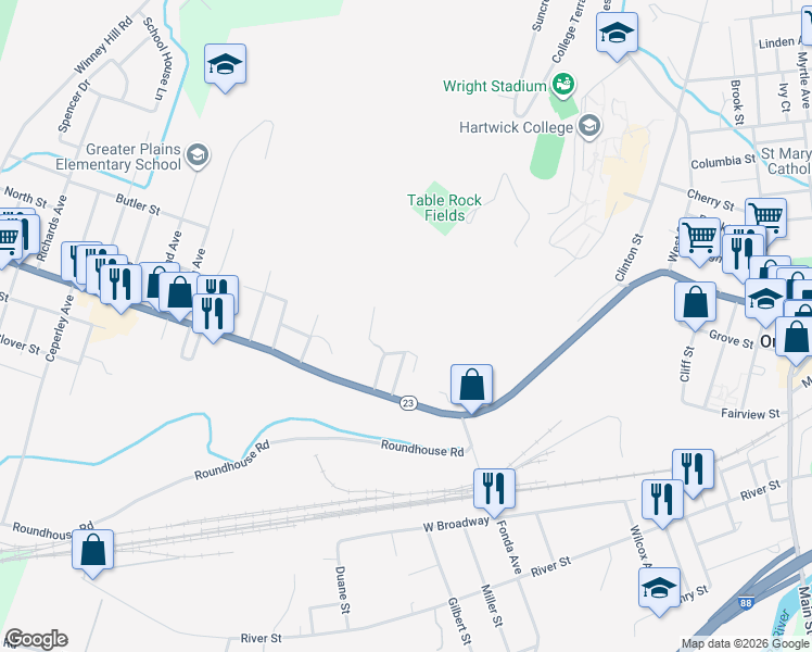 map of restaurants, bars, coffee shops, grocery stores, and more near 10 Thorn Street in Oneonta