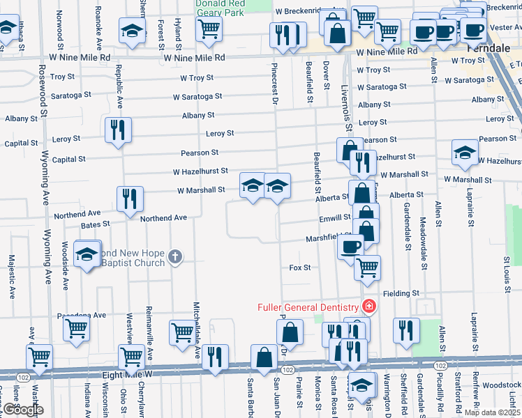 map of restaurants, bars, coffee shops, grocery stores, and more near 881 Pinecrest Drive in Ferndale