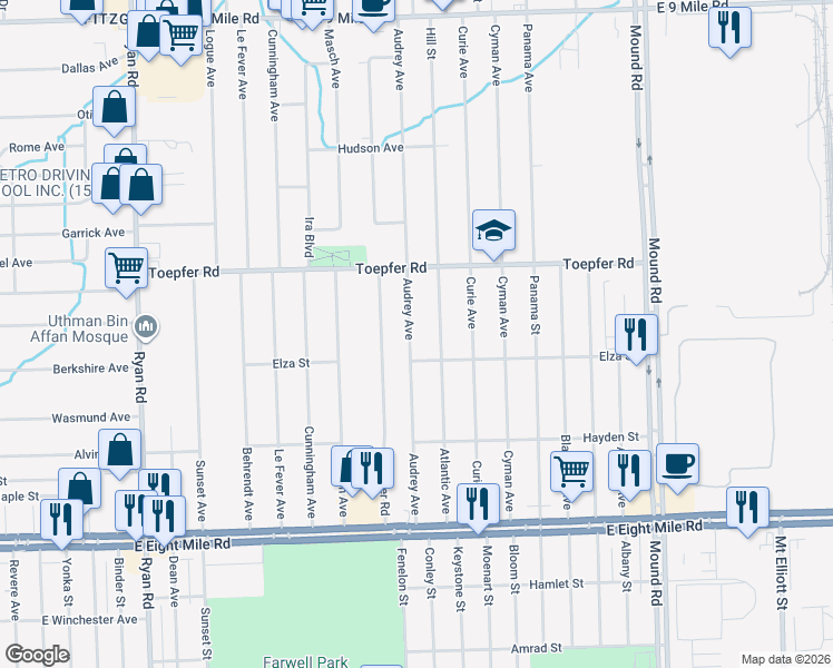 map of restaurants, bars, coffee shops, grocery stores, and more near 21426 Audrey Avenue in Warren