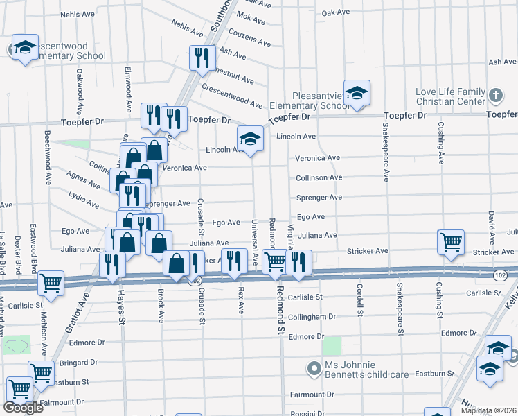 map of restaurants, bars, coffee shops, grocery stores, and more near 21010 Universal Avenue in Eastpointe
