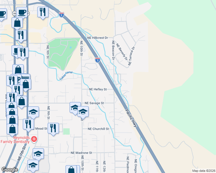 map of restaurants, bars, coffee shops, grocery stores, and more near 1081 Northeast Hefley Street in Grants Pass
