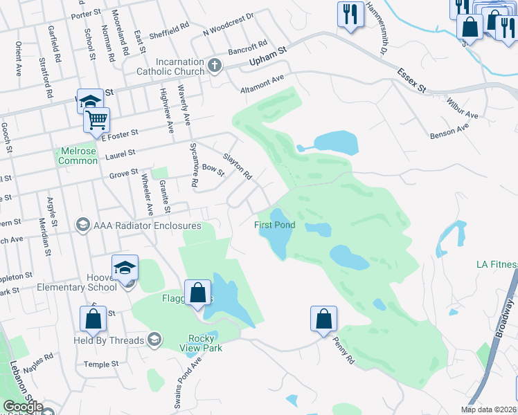 map of restaurants, bars, coffee shops, grocery stores, and more near 15 Stillman Road in Melrose