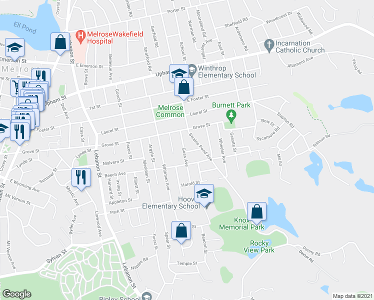 map of restaurants, bars, coffee shops, grocery stores, and more near 34 Goss Avenue in Melrose