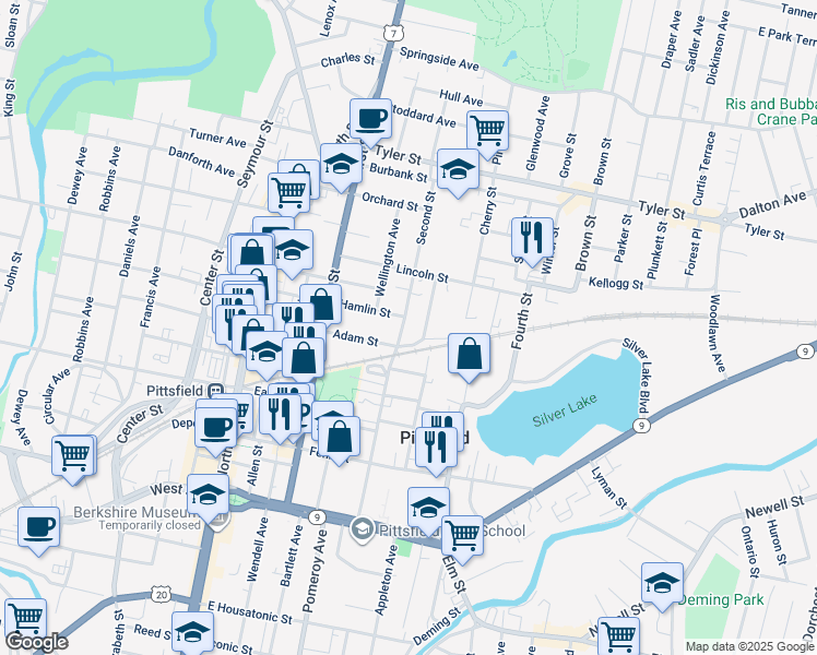 map of restaurants, bars, coffee shops, grocery stores, and more near 164 2nd Street in Pittsfield