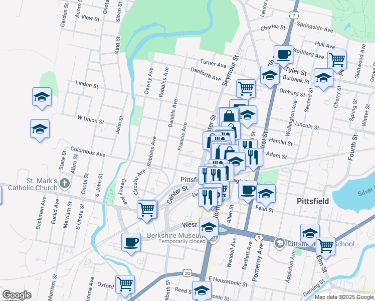 map of restaurants, bars, coffee shops, grocery stores, and more near 140 Summer Street in Pittsfield