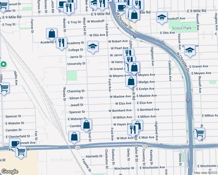 map of restaurants, bars, coffee shops, grocery stores, and more near 333 West Evelyn Avenue in Hazel Park
