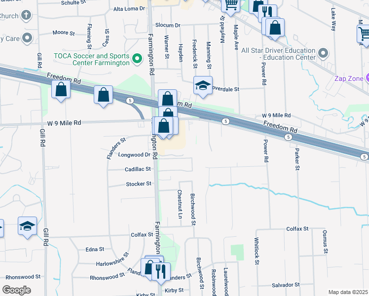 map of restaurants, bars, coffee shops, grocery stores, and more near 33101 North Manor Drive in Farmington