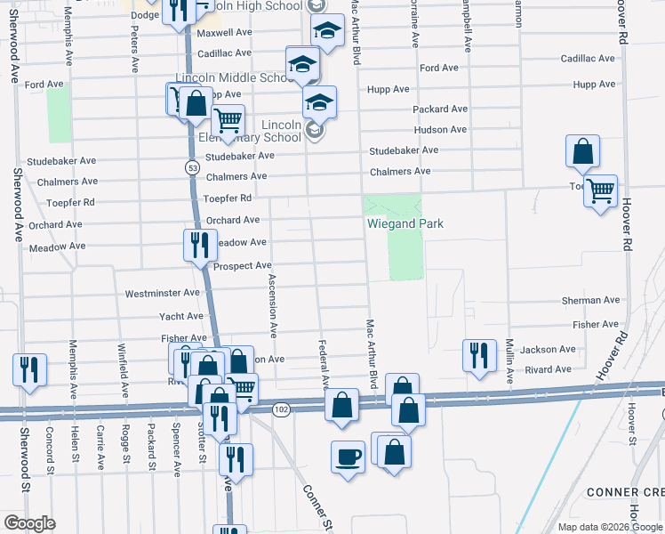 map of restaurants, bars, coffee shops, grocery stores, and more near 8485 Westminster Avenue in Warren