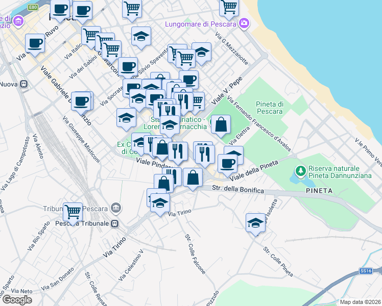 map of restaurants, bars, coffee shops, grocery stores, and more near 3 Via Sforza Muzio Attendolo in Pescara