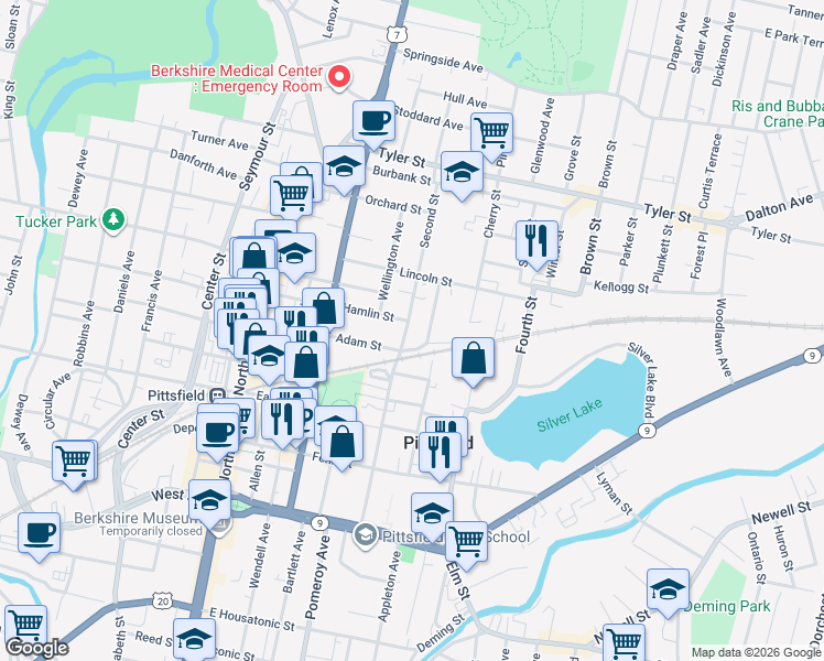 map of restaurants, bars, coffee shops, grocery stores, and more near 164 2nd Street in Pittsfield