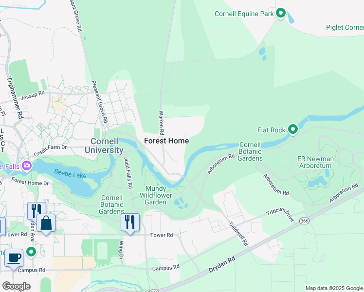 map of restaurants, bars, coffee shops, grocery stores, and more near 115 Crest Lane in Ithaca