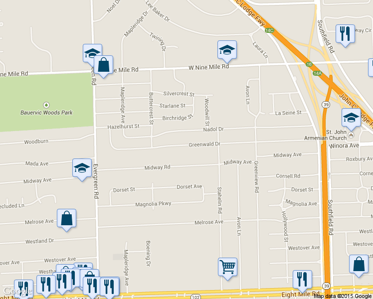 map of restaurants, bars, coffee shops, grocery stores, and more near 19207 Greenwald Drive in Southfield