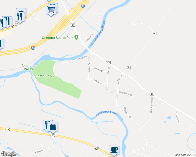 map of restaurants, bars, coffee shops, grocery stores, and more near 116 Ridge Drive in Oneonta