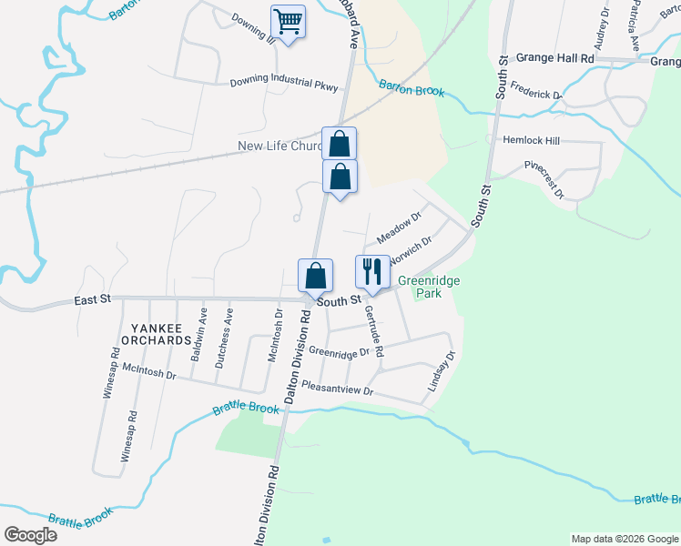 map of restaurants, bars, coffee shops, grocery stores, and more near 1113 South Street in Dalton