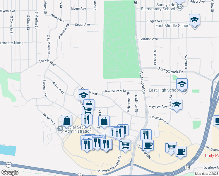 map of restaurants, bars, coffee shops, grocery stores, and more near 4500-4502 Ravine Park Dr in Sioux City