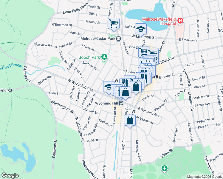 map of restaurants, bars, coffee shops, grocery stores, and more near 87 West Wyoming Avenue in Melrose