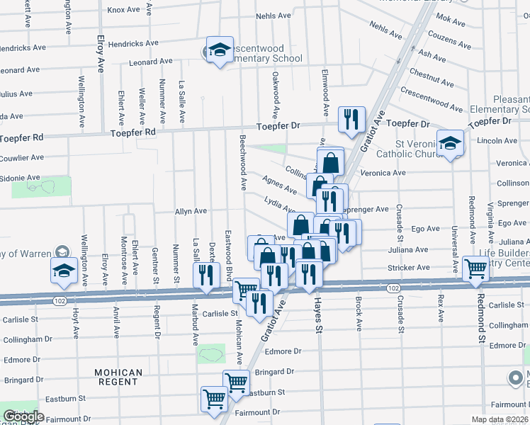 map of restaurants, bars, coffee shops, grocery stores, and more near 14662 Jacob Avenue in Eastpointe