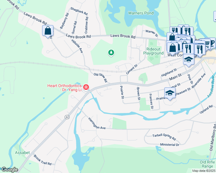 map of restaurants, bars, coffee shops, grocery stores, and more near 88 Crescent Road in Concord
