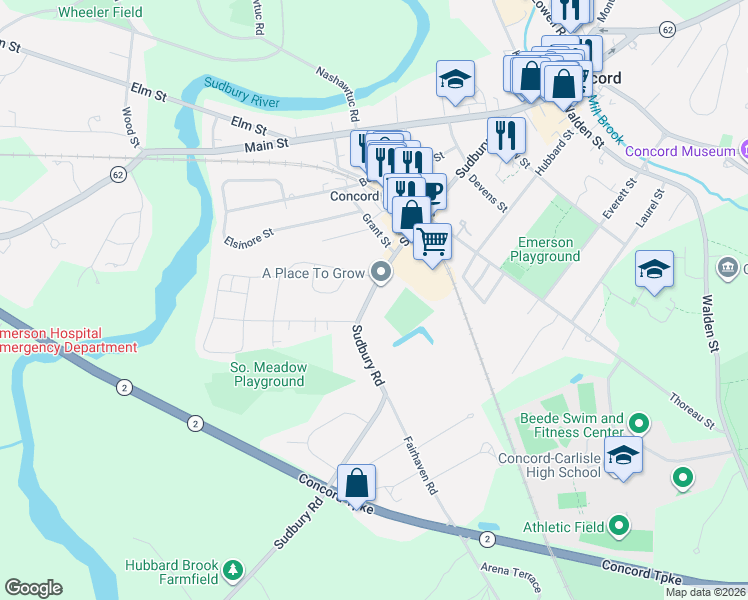 map of restaurants, bars, coffee shops, grocery stores, and more near 269 Sudbury Road in Concord