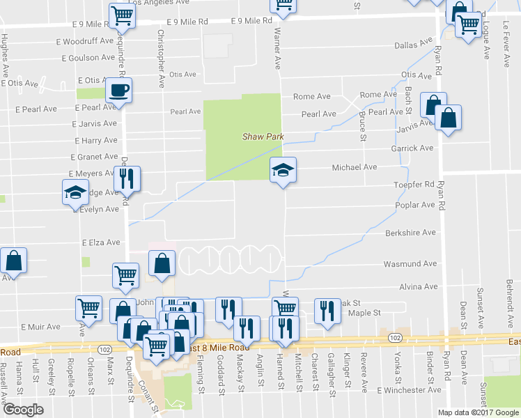map of restaurants, bars, coffee shops, grocery stores, and more near 21555 Warner Ave in Warren
