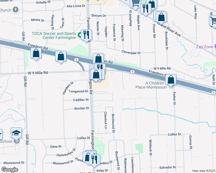 map of restaurants, bars, coffee shops, grocery stores, and more near 21900 Farmington Road in Farmington Hills