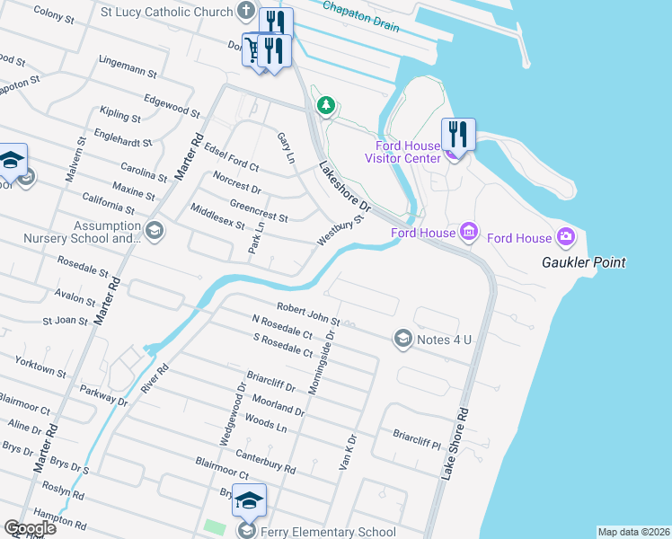 map of restaurants, bars, coffee shops, grocery stores, and more near 23327 North Colonial Court in St. Clair Shores