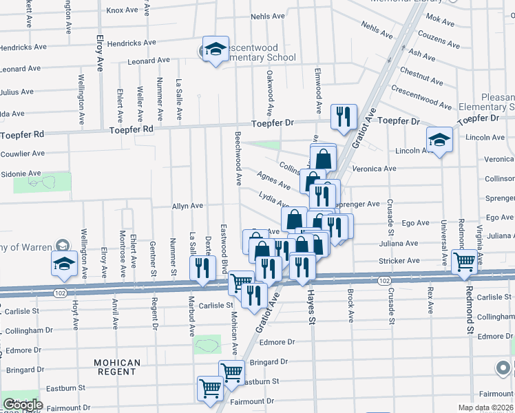 map of restaurants, bars, coffee shops, grocery stores, and more near 14662 Jacob Avenue in Eastpointe