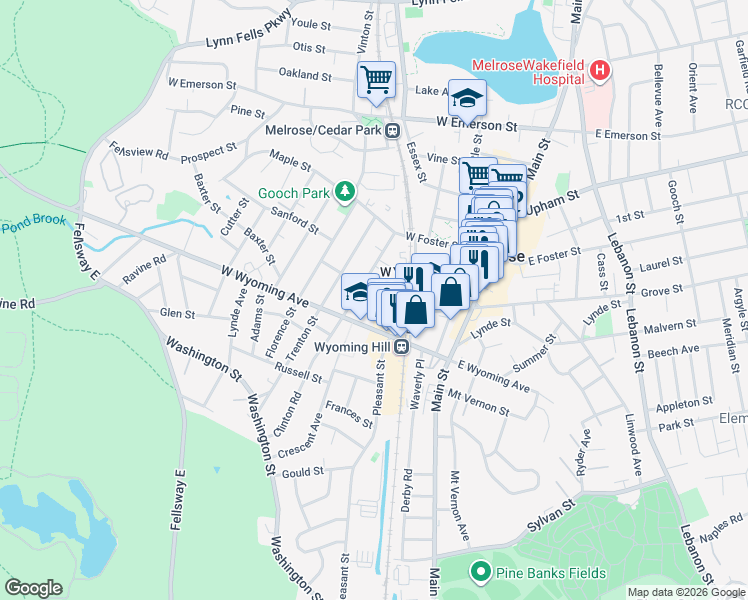 map of restaurants, bars, coffee shops, grocery stores, and more near 13 Hurd Street in Melrose
