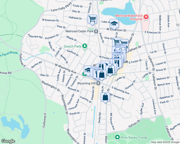 map of restaurants, bars, coffee shops, grocery stores, and more near 87 West Wyoming Avenue in Melrose