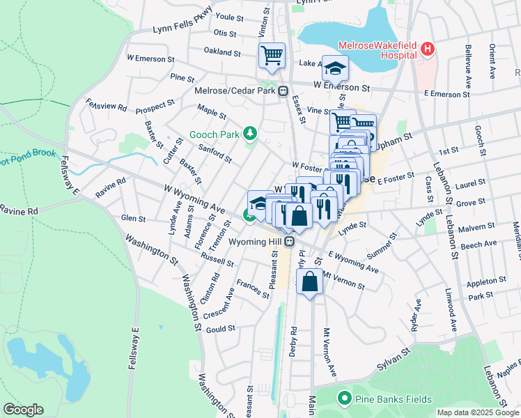 map of restaurants, bars, coffee shops, grocery stores, and more near 87 West Wyoming Avenue in Melrose