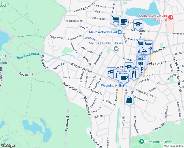 map of restaurants, bars, coffee shops, grocery stores, and more near 82 Florence Street in Melrose