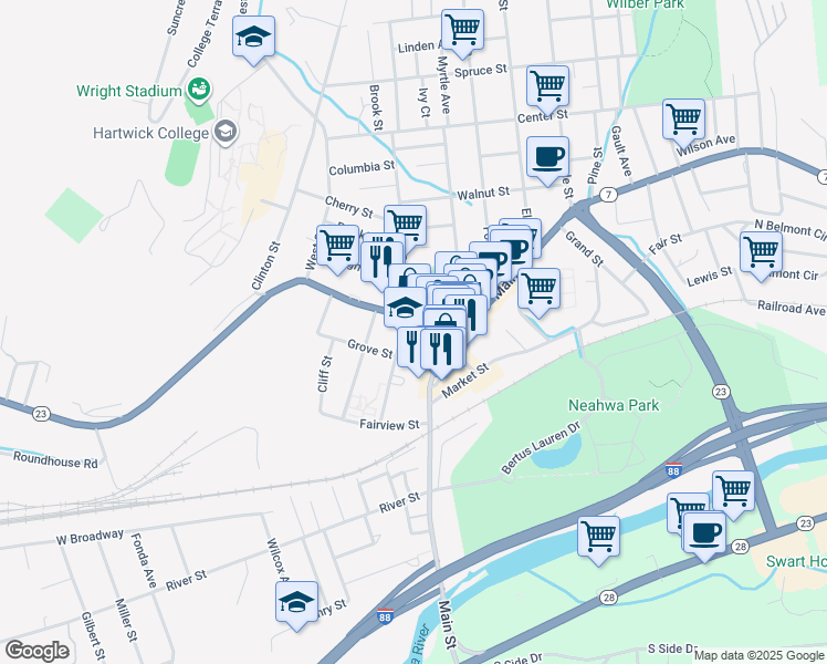 map of restaurants, bars, coffee shops, grocery stores, and more near in Oneonta