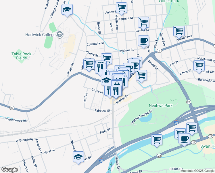 map of restaurants, bars, coffee shops, grocery stores, and more near in Oneonta