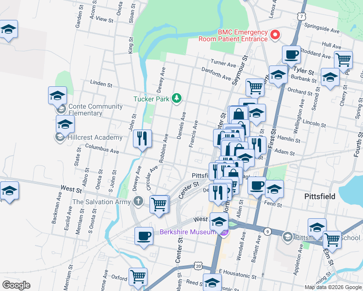 map of restaurants, bars, coffee shops, grocery stores, and more near 139 Francis Avenue in Pittsfield