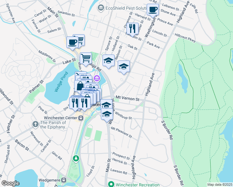 map of restaurants, bars, coffee shops, grocery stores, and more near 115 Washington Street in Winchester
