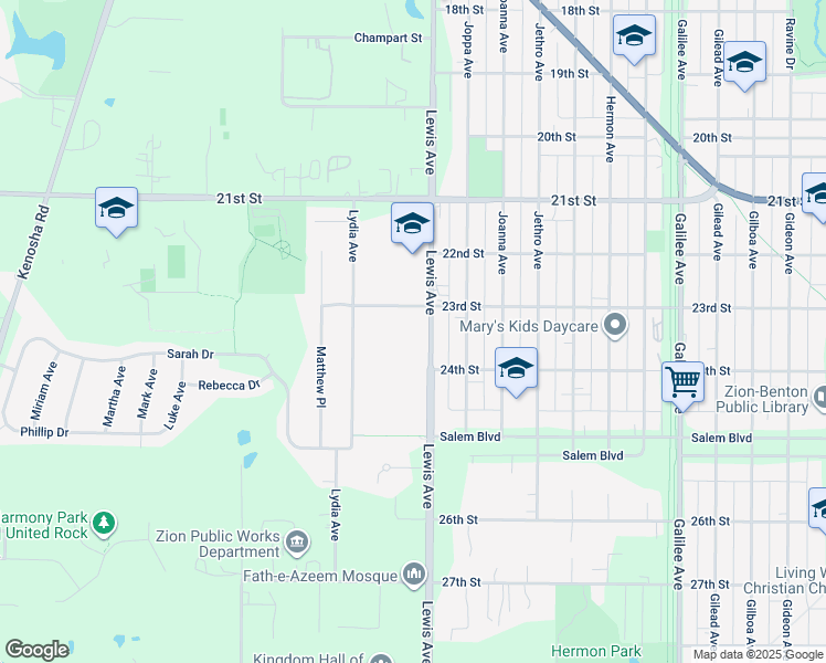 map of restaurants, bars, coffee shops, grocery stores, and more near 2340 Lewis Avenue in Zion