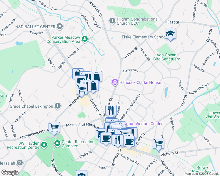 map of restaurants, bars, coffee shops, grocery stores, and more near 30 Hancock Street in Lexington