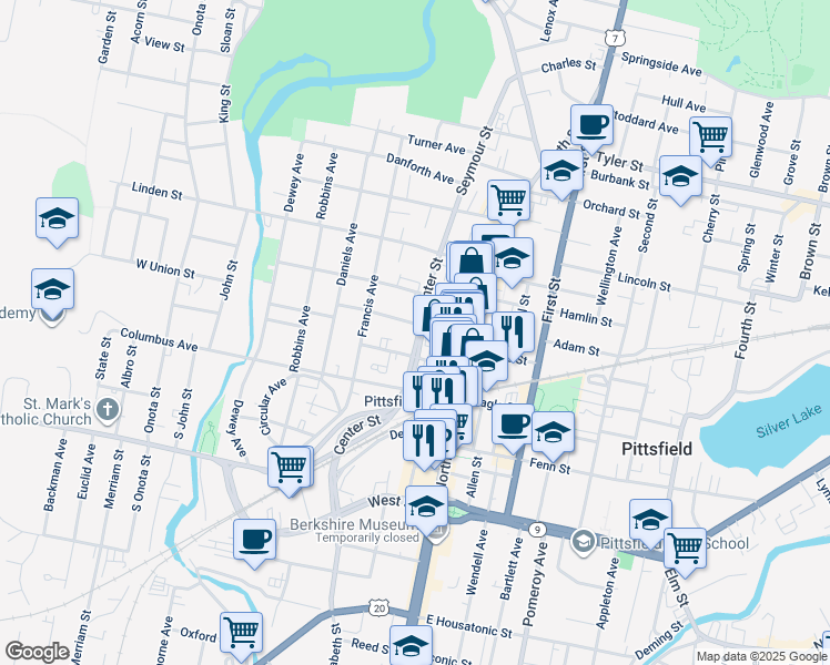 map of restaurants, bars, coffee shops, grocery stores, and more near 140 Summer Street in Pittsfield