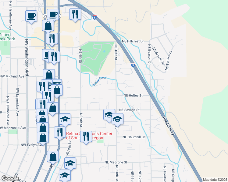 map of restaurants, bars, coffee shops, grocery stores, and more near 1342 Northeast 10th Street in Grants Pass