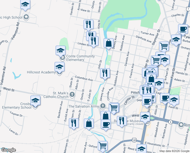 map of restaurants, bars, coffee shops, grocery stores, and more near 11 John Street in Pittsfield