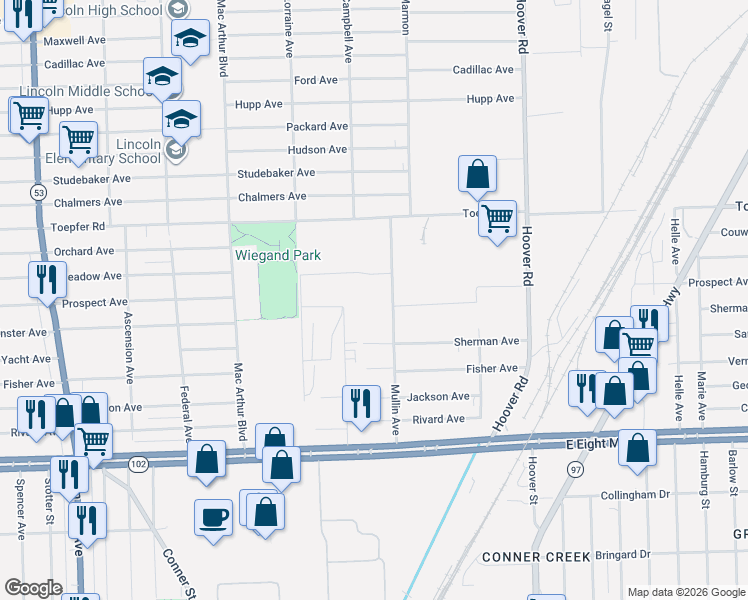map of restaurants, bars, coffee shops, grocery stores, and more near 21223 Mullin Avenue in Warren